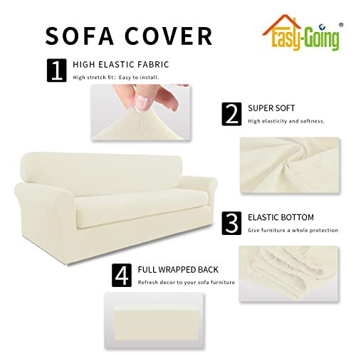 Image of Easy-Going 2 Pieces Stretch Couch Sofa Slipcover Washable | Spandex Soft Fitted Sofa Couch Cover for Sofa Furniture Protector with Bottom Kids,Pet Dog Ivory
