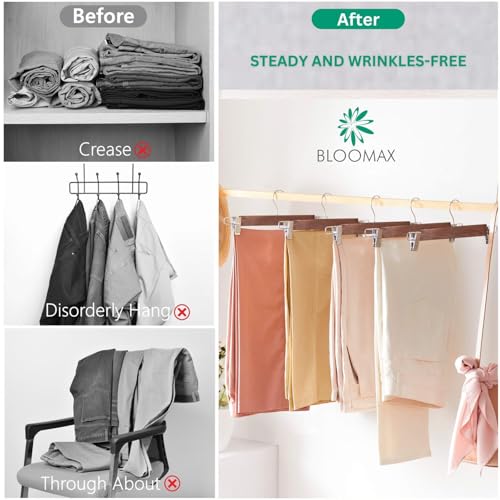 Image of BLOOMAX 12 Pcs Wooden Pant Hangers - Walnut Finish, 34 cm, Adjustable Chrome Clips, Non-Slip & Space Saving for Trouser, Skirt, Saree (Durable, Made in India)