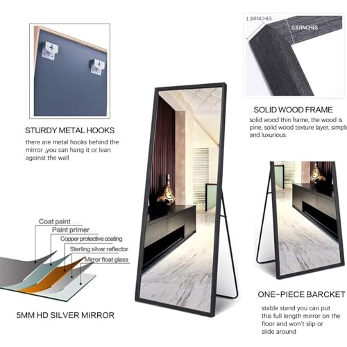 65x22-Full-Length-Mirror-with-Wood-Frame-and-Metal-Holder-Large-Rectangle-Dressing-Mirror-Floor-Mirror-HD-and-Explosion-Proof-Silver-Mirror-Standing-Hanging-or-Leaning-WallBlack