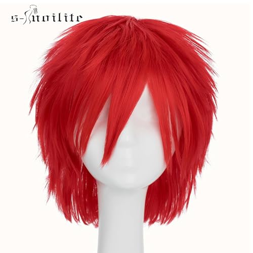 Image of S-noilite Unisex Short Red Wig With Bangs Fluffy Heat Resistant Synthetic Hair Wigs for Men Women Halloween Party Costume Cosplay Anime Comic-con Wigs