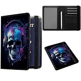 JANENFNA Passport and Vaccine Card Holder, Travel Wallet RFID Blocking PU Leather Case Cover with Vaccine Card Protector Slot with Pen, for Women and Men, Skull in Headphones