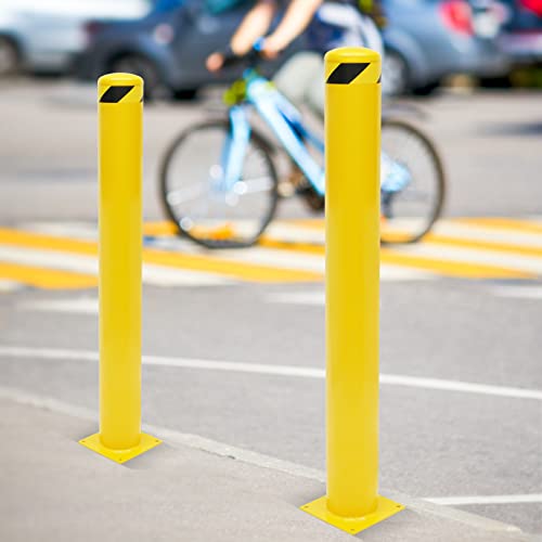 2 PCS Yellow Safety Steel Bollard Posts 48" High 5.5" Dia. with 8 Bolts