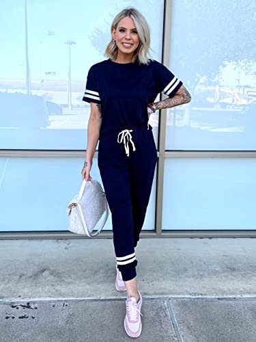 Image of PRETTYGARDEN Women's Two Piece Outfits Striped Short Sleeve Pullover and Long Pants Tracksuit Pajama Lounge Jogger Sets