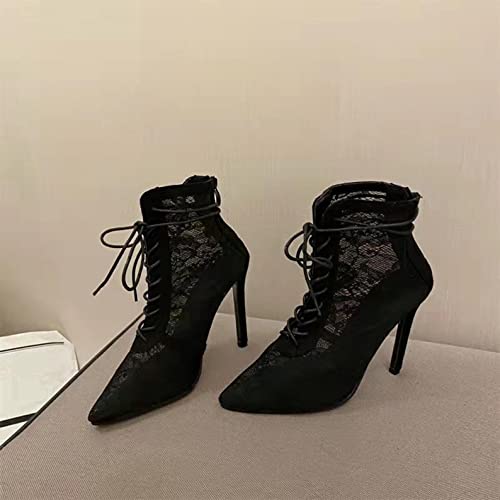 Women's Stiletto High Heels Dress Pumps Fashion Sexy Lace Sheer Pointed Toe Up Ankle Booties With Back Zipper Trendy Mid Calf Autumn Spring Short Boots For Ladies Wedding Party Bride, Black, 6.5 #TOP5
