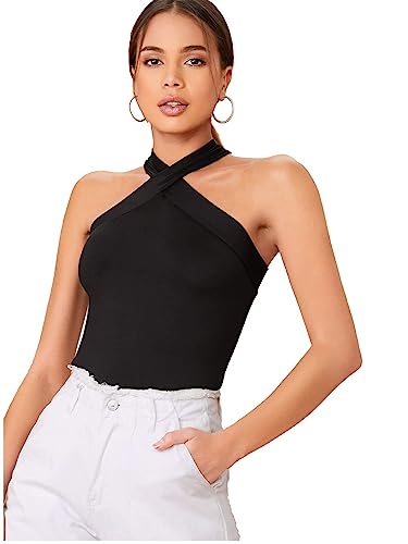 Floerns Women's Solid Criss Cross Halter Top Sleeveless Tee Shirt