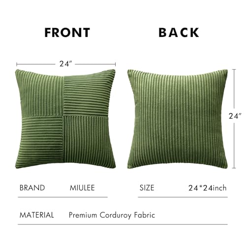 Image of MIULEE Moss Green Decorative Euro Sham Pillow Covers 24x24 Inch for Bed Couch Sofa Pack of 2 Boho Farmhouse Throw Pillows Soft Cross Corduroy Patchwork Textured Cushion Cases