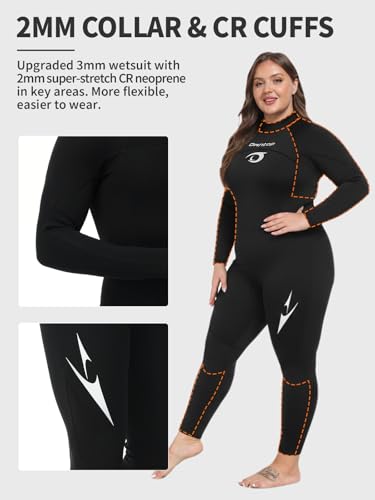 Owntop Traje de neopreno de talla grande para hombres y mujeres, traje de neopreno de 3/2 mm con cremallera trasera, traje térmico de cuerpo completo, traje de buceo para buceo en agua fría, surf - imagen 6
