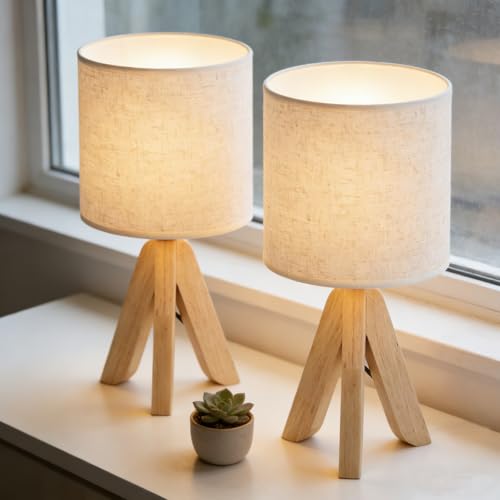 Bedside Table Lamps Set of 2 Cute Wooden Tripod Table Lamps Small Nightstand Lamps with Rustic Fabric Linen Shade Decorative Modern Desk Reading Lamp for Bedroom, Living Room, Office, College Dorm
