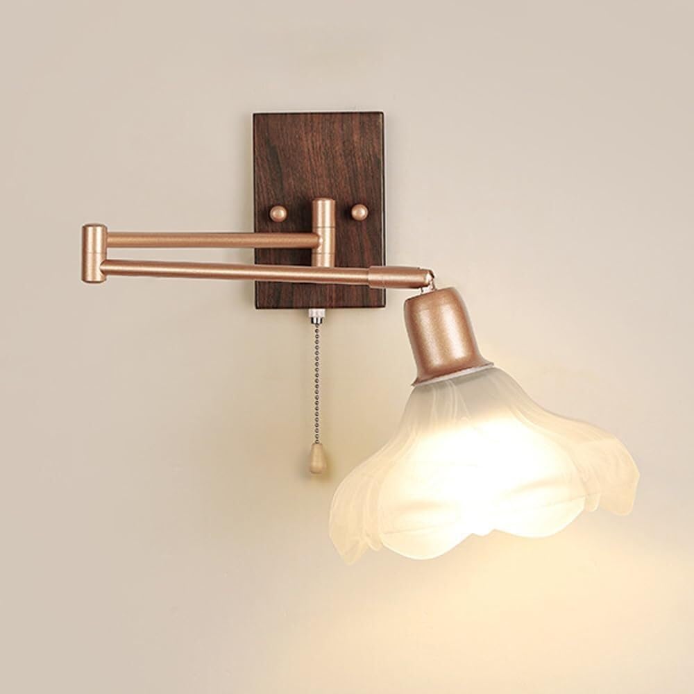 SXECAEPS Swing Arm Glass Wall Lamp Farmhouse Wood Grain Sconce Vintage Walnut Color Lantern for Bedroom Bedside Living Room Study Corridor Entryway Restaurant(B)