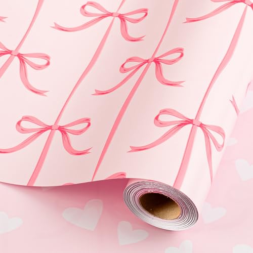 Wikadlik Geschenkpapierrolle mit rosa Schleife süßes Liebesherz-Design Geschenkpapier für Mädchen Geburtstag Valentinstag Muttertag Hochzeit Abschlussfeier Weihnachten 43 cm x 10 m