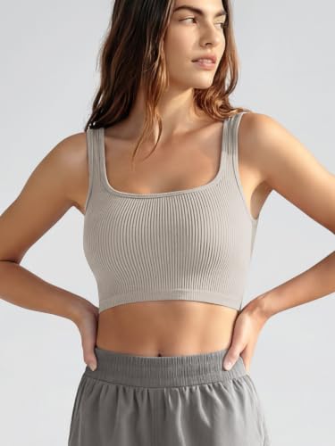 Image of ODODOS 3-Pack Seamless Square Neck Crop Tank for Women Ribbed Knit Soft Low Back Cropped Tops