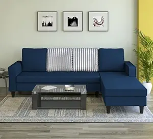 Adorn India Maddox L Shape 6 Seater Sofa Set Stripes - Right Hand Side (Blue)