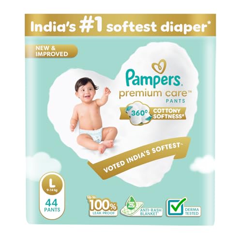 Image of Pampers Premium Care Pant Style Baby Diapers | Large (L size) | 44 Count | Voted India's Softest | All-in-1 with 360 Cottony Softness Diapers | 9-14kg