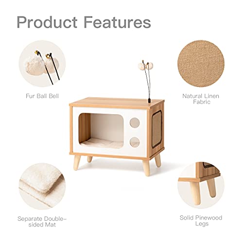 Cat House Wooden Condo Cat Bed Indoor Tv-Shaped Sturdy Large Luxury Cat Shelter Furniture With Cushion Cat Scratcher Bell Ball Toys #TOP1