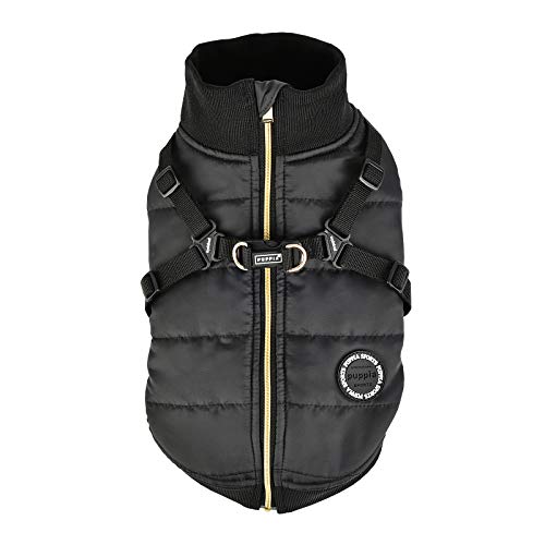 Puppia Hundejacke für kleine Hunde und mittelgroße Hunde - wasserdicht und mit Fleece gefüttert für angenehme Wärme - Hundemantel mit Geschirr, schwarz, S