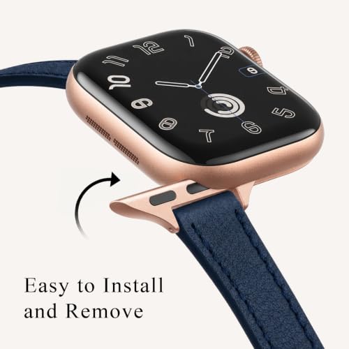 Image of STIROLL Slim Leather Bands Compatible with Apple Watch Band 38mm 40mm 41mm 42mm(Series 11 10), Top Grain Leather Watch Thin Wristband for iWatch SE 9 8 7 6 5 4 3 2 1 (Navy Rose Gold)
