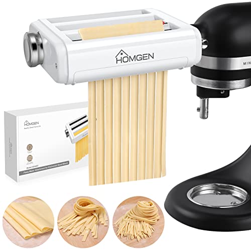 HOMGEN Accessoire de Pâtes pour KitchenAid Batteur Sur Socle Accessoires pour Machine à Pâtes Rouleau à Pâtes en Acier Inoxydable avec 8 Réglages d'épaisseur Coupe-spaghetti avec Brosse de Nettoyage