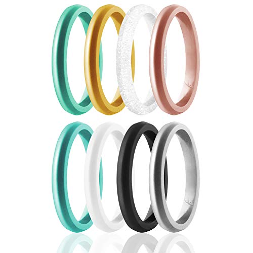 ROQ Silicone Wedding Ring For Women, Set of 8 Thin Stackable Silicone Rubber Wedding Bands Point - Turquoise, Pink, Purple, Black, White, Silver - Size 6