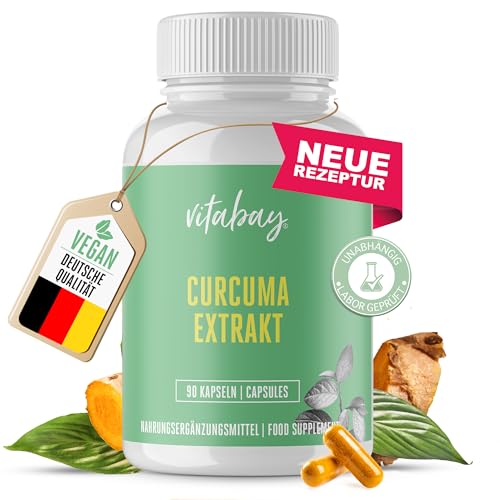 Vitabay Kurkuma Kapseln hochdosiert 1 Kapsel täglich - VEGAN 90 Tabletten 500mg mit Pfeffer - Kurkumin Curcuma Kapseln hochdosiert Curcumin Kapseln hochdosiert Piperin Extrakt Kurkuma Extrakt Kukuma