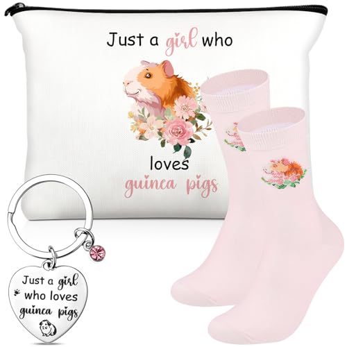 Photect 3 Stücke Meerschweinchen-Liebhaber Geschenkset für Frauen inklusive Kosmetiktasche Edelstahl-Schlüsselanhänger und Socken mit Meerschweinchenmotiv zum Geburtstag Erntedankfest Weihnachten