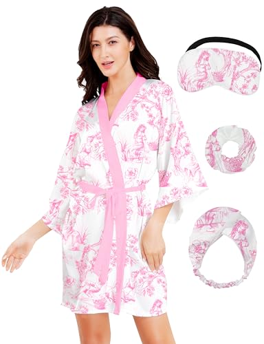 Image of EPLAZA Silk Robes for Women Satin Robe Short Sexy Print Flower Kimono Loungewear Wedding Bridal Party