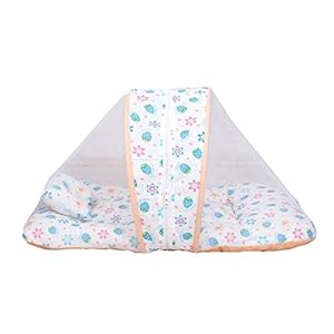 Toddylon Baby Mosquito Cotton Net Bed with Pillow (0-6 Months, Peach and White)