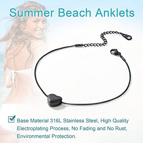 U7 Heart Anklets For Women, Stainless Steel Black Box Chain Ankle Bracelet 9-11 Inches Plus Size Barefoot Jewelry #TOP3