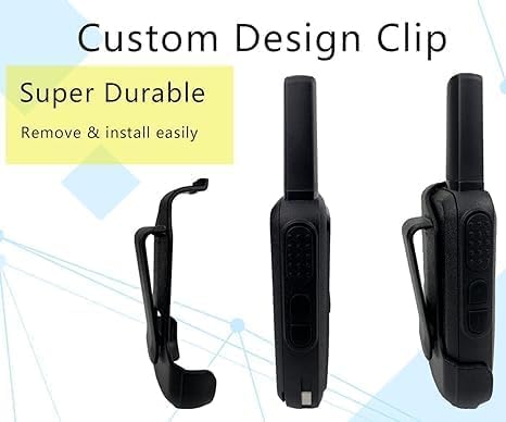 Radtel walkie talkie with belt clip attached, viewed from the side