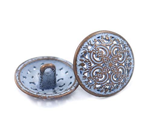 Bezelry 12 Pieces Flowery Engraving Copper Blue Openwork Metal Shank Buttons 18mm (11/16 inch)
