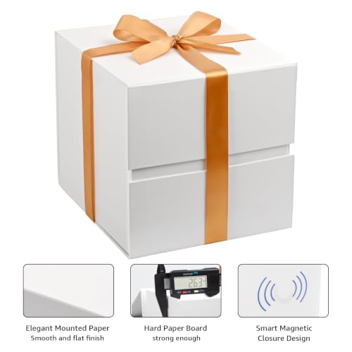 Image of LIFELUM Square Gift Box with Magnetic Lid, Card, Sticker, Ribbon, Shredded Paper Filler for Business, Wedding, Birthdays (White, square - 8.6 inch, 1 count (Pack of 1))