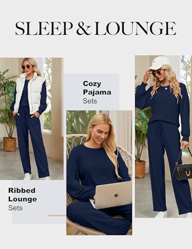 Image of Blooming Jelly Women Ribbed Long Sleeve Pajama Sets Fall Loungewear Pockets