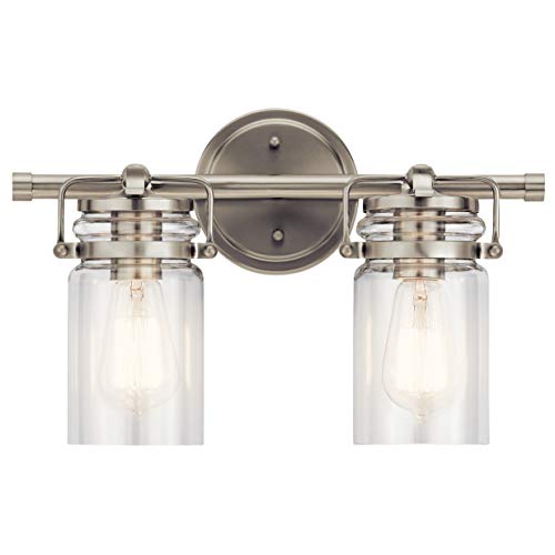 Image of Kichler Brinley 15.75 inch Vanity Light in Brushed Nickel, 2-Light Farmhouse Bathroom Vanity Light with Clear Glass, (15.75 inch W x 10 inch H), 45688NI