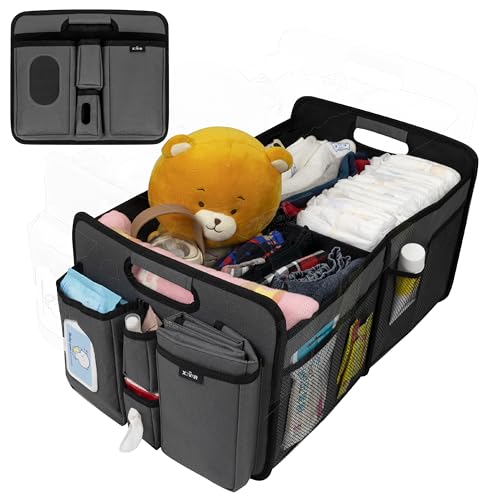 Baby Diaper Caddy Organizer – Baby Caddy with Diaper Changing Mat, Car Diaper Caddy with 3 Compartments, 8 Mesh Pockets & Zipper Pocket – Portable Changing table Organizer for Diapers, Grey