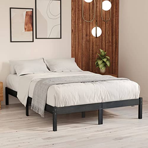 Tidyard Estructura Cama Marco de la Cama Somier Mobiliario Hogar Dormitorio Interior Elegante Práctica Moderna Duradera Resistente Robusta Sin Colchón Madera Pino Gris Rey del RU 150x200 cm Cover