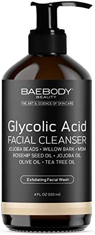 Baebody Glycolic Acid Facial Cleanser with Jojoba Beads, Tea Tree Oil & Rosehip Oil, 4 Ounces