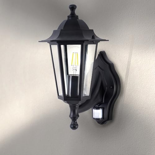 Ledvion - Lámpara de Pared LED con Sensor de Movimiento, Casquillo E27, IP44, Negra y Clásica, Lámpara Exterior, Iluminación de Jardín