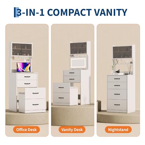 ARISTCY Vanity Desk with Mirror and Lights, 3 in 1 Compact Makeup Vanity with Mirror and Lights, Corner Vanity Desk with Drawers, Storage, Stool, Multifunctional Bedroom Makeup Table for Women, Kids — view 2