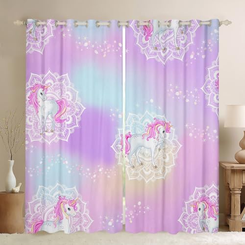 Rainbow Unicorn Blackout Curtains for Girls, Pink Girly Glitter Curtains 42"Wx63"L Sparkle Galaxy Twinkle Window Curtains for Kids Women Teens, Boho Rainbow Mandala Flower Curtains & Drapes