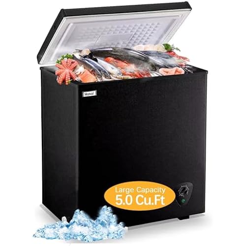 Chest Freezer 5.0 Cu.Ft Black Compact Freezer, Manual Defrost Deep Freezer with Storage Basket, Space-Saving Flat Back, Stay-Open Lid, Side-Access Drain for Home Basement Cottage Business