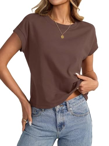 Onsoyours Crop Tops Damen Sommer Kurzarm Tshirt Casual Einfarbig Rundhals Oberteil A Braun L