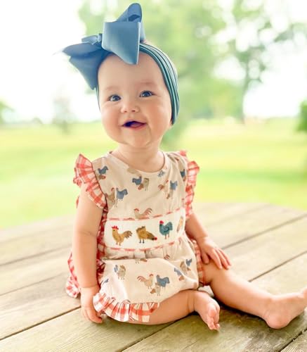 Newborn Baby Girl Romper Farm Chicken Onesie Outfit Ruffle Smocked Plaid Bodysuit Western Country Summer Clothes2