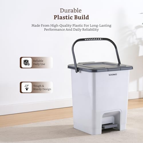 Image of Amazon Brand - Solimo Square Pedal Dustbin (18L) | Hands-Free Trash Bin with Lid | Durable Plastic | Odor Control | Compact Design | For Kitchen, Bathroom & Office | 32.5L x 31.8B x 37.3H cm | Light Grey