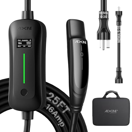 AIXINE Level 1&2 EV Charger, Tesla EV Charger NACS16A with 25FT Extension Cord Cable,Portable Electric Car Charger 240V NEMA 6-20 Plug&120V NEMA 5-15 Adapter Compatible with All Tesla Models X/Y/3/S