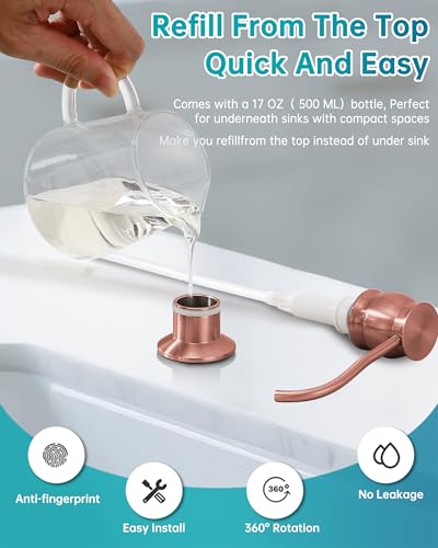 Image of Brass Kitchen Soap Dispenser, Red Copper in Sink Liquid Dish Soap Dispenser with High Capacity 500ML (17oz) ABS Bottle, Under Sink Hand Metal Dispenser Pump