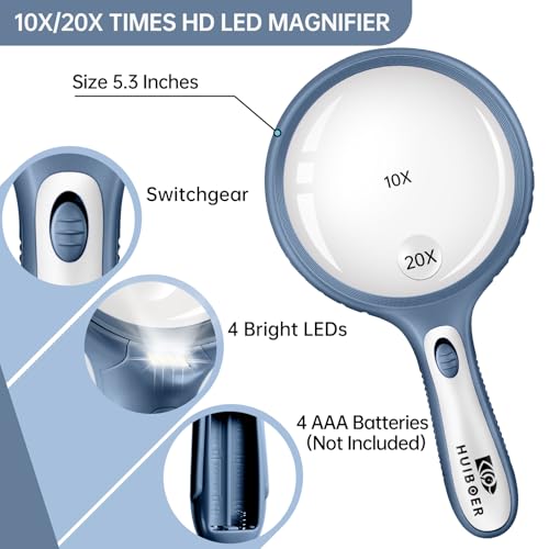 HUlBOER 5.3 Inch Large Magnifying Glass with Light, 10X 20X Handheld Magnifier with 4 LED Lights for Seniors and Kids, Reading, Working, Page Inspection, Vision Enhancement (Navy Blue)