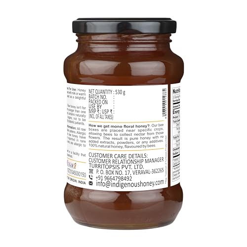 Image of INDIGENOUS HONEY Organic Jamun Honey Pure Unprocessed 17.64 Glass Jar | Raw Natural Sugar Free Monofloral Unfiltered Honey Pack of 1