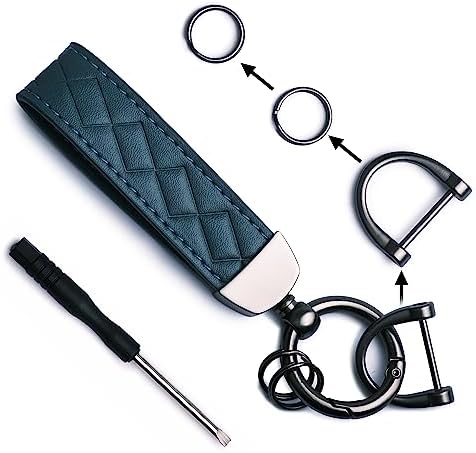 Bojkxup Genuine leather car key fob, universal key fob key chain leather key fob, men and women, 360 degree rotatable, with anti-loss D-ring, 2 key rings (BLUE)