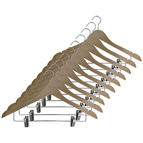 Ustech Bowed Shaped Eco-Friendly Clothes Hangers With Clips | Heavy Duty Wood Finish Hanger For Suits, Pants, And Skirts | Closet Space Saver With Shoulder Notch For Strappy Dresses | Pack Of 10 #TOP7