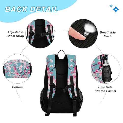 SPRIPORT Teal Cherry Blossoms Kids Backpack Set for Boys Girls Lightweight Toddler School Bookbag with Insulated Lunch Box Elementary Students Knapsack for Preschool Kindergarten College Travel Work3