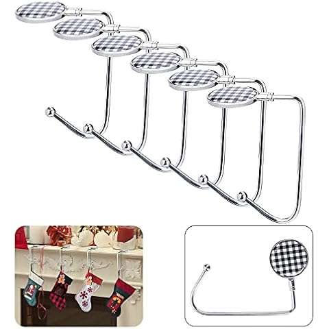 EBaokuup 6 Pieces Christmas Stocking Holders for Mantle - Xmas White and Black Plaid Metal Hooks Christmas Stocking Hanger Clips On Mantle and Fireplace Cover